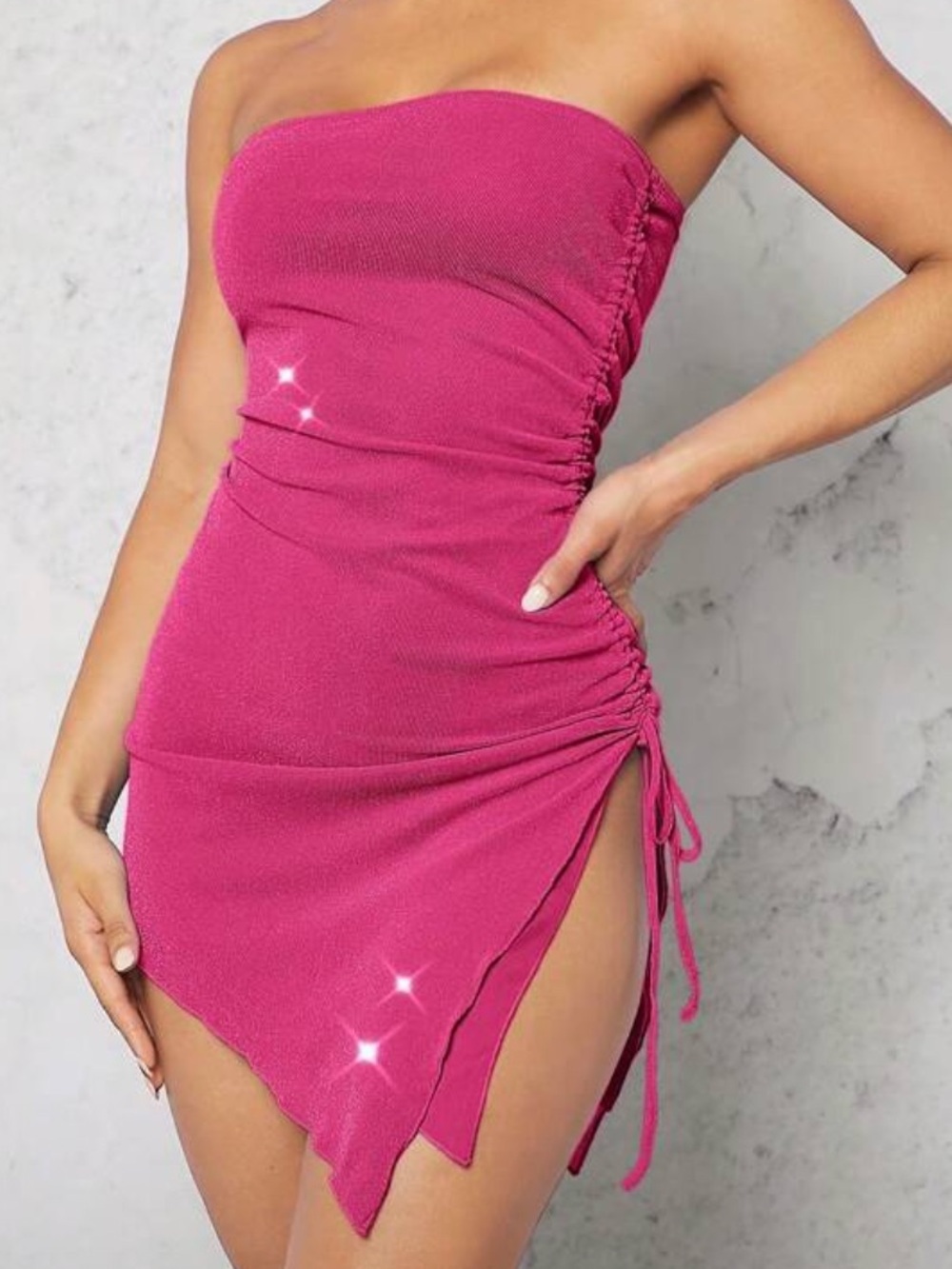 Strapless Hot Pink Ruched Side-Tie Dress